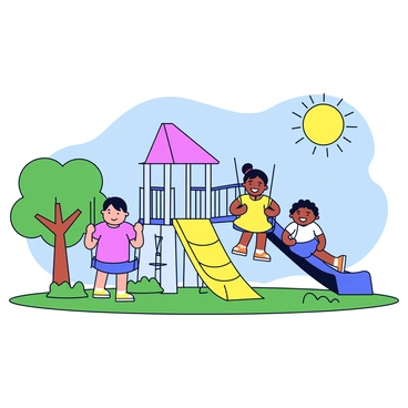 A playground filled with vibrant colored equipment. Two children are swinging on swings, one is wearing a red shirt and the other is in a yellow dress. Nearby, a slide is occupied by a child who is sliding down with a big smile, wearing blue shorts. There are green grass patches around the playground, and a few trees in the background providing shade. The sun is shining brightly in the clear blue sky.