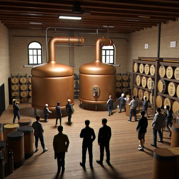 A 3D depiction of a traditional Belgian brewery interior in Brussels. The scene shows large copper brewing kettles positioned in the center of the room, gleaming under warm, soft lighting. Wooden barrels are stacked against the walls, each with a distinct label indicating various types of beer. There are exposed wooden beams in the ceiling, adding to the rustic charm. Visitors can be seen taking a guided tour, some are engaged in discussions while others are tasting samples. Detailed equipment for the brewing process, such as fermentation tanks and cooling systems, is visible throughout the space. The atmosphere reflects a blend of craftsmanship and heritage, celebrating the art of brewing.