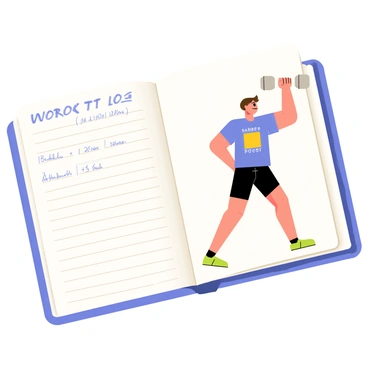 A diary opened to a workout log page with a white background. The page is filled with handwritten notes and workout details. On one side, there is a colorful drawing of a person performing dumbbell thrusters. The person has short brown hair and is wearing a bright blue tank top and black shorts. The dumbbells are gray and are held above the person's head, with a determined expression on their face. The setting conveys an active fitness theme.