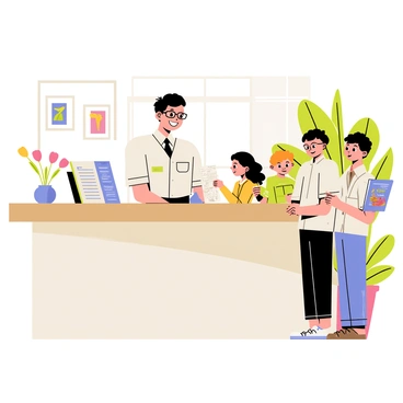 A friendly concierge with dark hair wearing a neat uniform stands behind a polished hotel desk. The concierge is smiling warmly while engaging with a family. The family consists of four members: a father with glasses, a mother with curly hair, a young girl holding a map, and a teenage boy looking at a brochure. The desk is adorned with a small vase of flowers and a few neatly stacked brochures about local attractions. In the background, colorful paintings and a large potted plant add to the hotel ambiance.