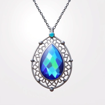 An intricate piece of jewelry designed as a pendant. The pendant has a central gemstone, surrounded by a delicate filigree pattern. The surface of the gemstone displays shimmering ion patterns that change colors with the light. The pendant is suspended from a fine chain, with small decorative elements incorporated into the chain design. The background is a subtle, neutral color that enhances the elegance of the jewelry.