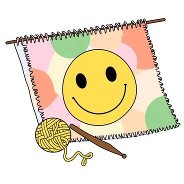 A cozy knitting project featuring a colorful blanket. The blanket is made up of various pastel shades of yarn, with a prominent square in the center displaying a large "smiley face" pattern. The smiley face has two round black eyes and a wide, cheerful yellow mouth. Surrounding this central square, there are smaller patches of different colors, creating a playful and vibrant look. The knitting needles are resting beside the blanket, and a ball of bright yellow yarn is partially unraveled, adding to the scene's crafting atmosphere.