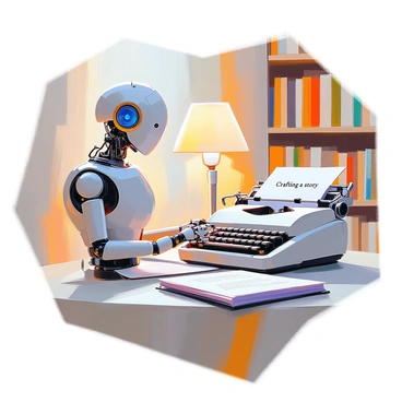 A humanoid AI robot with a shiny metallic surface and intricate wiring is seated in front of a vintage typewriter. The robot has a focused expression, its mechanical fingers poised above the keys as it types. The typewriter is adorned with vintage decorations, and sheets of paper are neatly stacked beside it. The room is filled with bookshelves lined with books, and a soft glow from a nearby lamp casts light over the scene. “Crafting a story” is visible on the paper being produced.