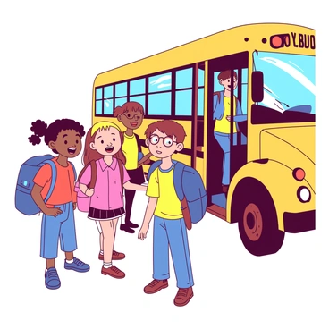 A group of five schoolchildren is standing next to a yellow tour bus, ready to board for a field trip. The children are of diverse backgrounds, including a boy with glasses and a girl with pigtails. Each child is wearing colorful backpacks and has big smiles on their faces. The bus door is open, and a friendly bus driver is waiting at the entrance, gesturing for the children to come inside. Sunlight is shining down on the scene, illuminating the bright colors of their clothing and the cheerful atmosphere of the moment.