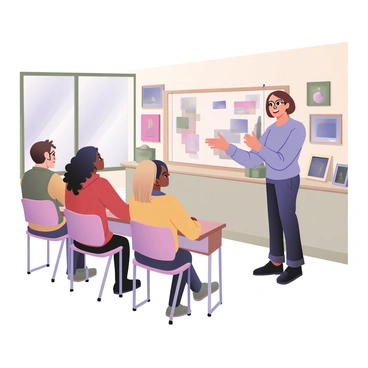 A digital flat illustration depicting an illustration lecturer standing at the front of a bright classroom. The lecturer is a middle-aged woman with short brown hair and glasses, wearing a light blue blouse and dark jeans. She is animatedly gesturing towards a large canvas with vivid colors. In the foreground, a diverse group of students is seated at desks, attentively listening. The students include a young man with curly black hair wearing a red hoodie, a woman with long straight black hair and a yellow sweater, and another student with short blond hair in a green t-shirt. The classroom walls are adorned with colorful artwork, including paintings and drawings in various styles, creating an engaging learning environment. The light from large windows illuminates the scene, adding vibrancy to the colors.