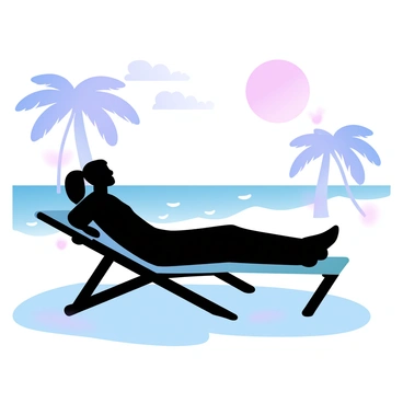A silhouette of a person lounging on a beach chair with their arms relaxed on the sides. The beach chair is positioned on a sandy surface, with small waves lapping gently at the shore in the background. Above the horizon, the sun is setting, casting gradient pastel colors across the sky, blending shades of pink, orange, and purple. The outline of palm trees can be seen nearby, their fronds gently swaying in the breeze. Soft clouds scatter across the sky, illuminated by the warm glow of the sunset.