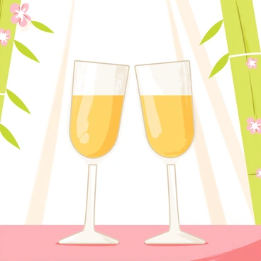 Two elegant sake glasses, made of translucent glass with intricate designs etched along the surface, are clinking together in a toast. The glasses are filled with a clear, shimmering liquid, reflecting the light. The background features a soft, blurred setting that suggests an intimate gathering, with hints of traditional Japanese decor, such as bamboo and delicate cherry blossoms subtly framing the scene.