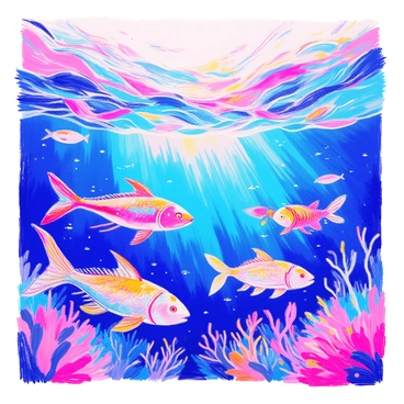 An ocean scene features "glowing digital waves" that shimmer in various vibrant colors, casting reflections on the surface of the water. Beneath the waves, "futuristic sea creatures" swim gracefully, showcasing sleek, streamlined bodies and luminous patterns. Some of these creatures resemble "bioluminescent fish" with intricate designs, while others have "mechanical features" that blend organic forms with technological elements. The underwater environment is filled with soft, diffused light, enhancing the ethereal quality of the scene.