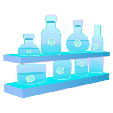 A shelf filled with small blue bottles, each exhibiting a gentle glow. The bottles have various shapes, some round and others elongated, reflecting the fluorescent light above. The light creates a stark contrast, illuminating the contours of the bottles while casting subtle shadows on the shelf. The background is minimalistic, allowing the focus to remain on the glowing blue bottles. Each bottle has a unique label, hinting at different contents, but the specific text on the labels remains unreadable.