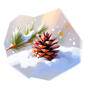 A close-up of a pine cone sitting on a bed of fresh snow, with a light dusting of snowflakes delicately coating its textured surface. The pine cone features varying shades of brown, showcasing its natural hues. In the background, there are blurred remnants of evergreen branches partially obscured by soft, white snow, creating a tranquil winter scene. The early morning light casts a gentle glow, illuminating the snow and highlighting the details of the pine cone.