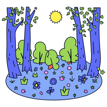 A forest scene depicting trees with charred trunks from a recent wildfire. Bright green shoots are emerging from the ground, signaling new growth and regeneration. The underbrush is dotted with small, sprouting plants and wildflowers. The forest floor is a mix of ash and fresh greenery, creating a contrast between the remnants of the fire and the signs of life returning. Sunlight filters through the remaining leaves of the trees, gently illuminating the new growth.