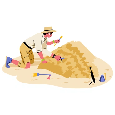 A small archaeologist wearing a tan hat and a beige shirt kneels in a sandy area, carefully uncovering a massive fossil. The fossil is partially exposed, showcasing intricate details of ancient bones. The archaeologist holds a brush in one hand and a small trowel in the other, focused on the task. Sunlight casts soft shadows on the scene, highlighting the fine grains of sand surrounding the fossil. A few small tools and a backpack are placed nearby, indicating the ongoing excavation.