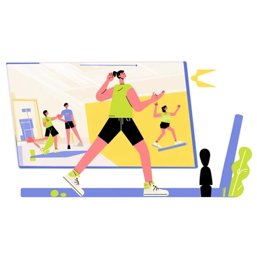 A gym-goer wearing a green tank top and black shorts is stretching their quadriceps in front of a large mirror at a fitness center. The individual is in a standing position, balancing on one leg while pulling the other foot towards their glutes. The fitness center has bright, well-lit walls with fitness equipment, such as weights and exercise mats, visible in the background. The large mirror reflects the gym-goer, creating a dynamic sense of space. Other people can be seen exercising in the background, adding to the active atmosphere of the gym.