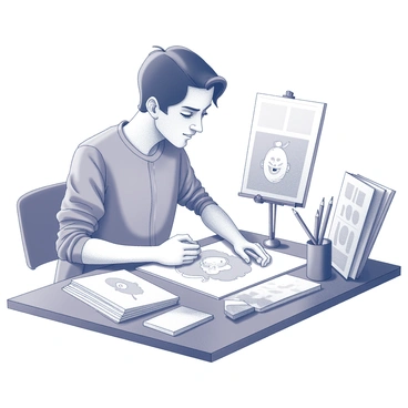 An illustrator drawing panels for a humorous comic strip with vibrant colors