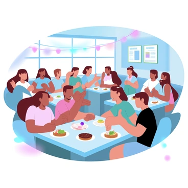 A high school cafeteria filled with students seated at colorful tables. Groups of students are animatedly chatting, some laughing while others are focused on their meals. A variety of food trays featuring sandwiches, salads, and fruit are visible on the tables. Brightly colored decorations hang from the ceiling, creating an inviting atmosphere. The windows let in soft, natural light, illuminating the bustling scene. In the background, a bulletin board displays announcements and event flyers.