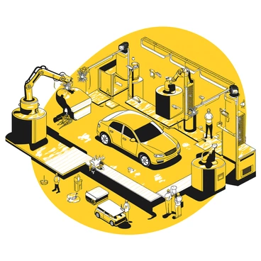 A large factory floor filled with various car parts and tools. In the center, a partially assembled car body is being worked on by several robotic arms. Each robotic arm is performing a specific task, such as welding, painting, or attaching components. Workers in safety gear are monitoring the process and supervising the machinery. Bright overhead lights illuminate the scene, casting shadows on the assembly line. Conveyors move car bodies from one station to another, creating a sense of continuous motion and productivity.