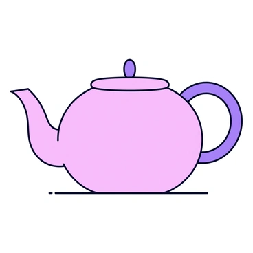 A teapot composed of basic shapes such as circles and rectangles. The body of the teapot is a large oval shape, and the spout is represented by a narrow curved rectangle. The handle is a semi-circular shape extending from the side of the teapot. The teapot is colored in a solid pastel shade, with minimal detailing on its surface. It is placed on a simple flat surface.