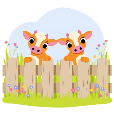A two-headed calf with large, curious eyes is peeking over a wooden fence. Each head is adorned with soft brown fur and small, round ears. The fence is weathered and rustic, with splintered wood that adds character. In the background, vibrant green grass and colorful wildflowers frame the scene, while the clear blue sky stretches overhead. The calf's expressions show excitement and curiosity as it looks beyond the fence, eager to discover what lies outside the farm.