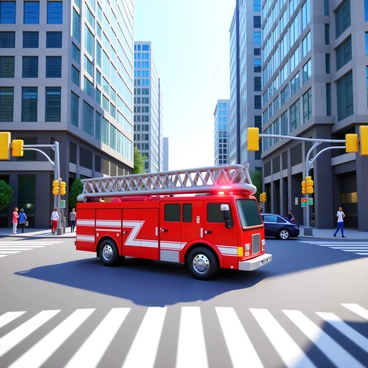 A fire truck in bright red color maneuvering through a busy city intersection. The truck is equipped with a shiny silver ladder and various emergency lights flashing. Surrounding the intersection are tall skyscrapers made of glass and steel, reflecting sunlight. Pedestrians are crossing the street, and a few cars are lined up waiting at the traffic signals. The scene captures a sense of urgency as the fire truck navigates through the bustling urban environment.