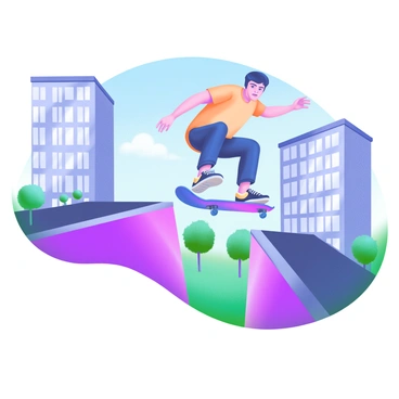A skateboarder in a vibrant, casual outfit is soaring through the air, performing a jump over a gap between two city buildings. The skateboarder has a determined expression on their face, showcasing their focus and skill. The cityscape in the background features tall, modern buildings with large windows reflecting sunlight. Below, there are hints of greenery from trees in a nearby park. The sky is a clear blue, enhancing the overall scene of this daring stunt.