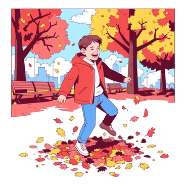 A child is joyfully kicking through a vibrant pile of fallen autumn leaves in a city park. The leaves display a mix of colors, creating a beautiful contrast. The child is wearing a bright red jacket and blue jeans, with a big smile on their face as they play. The park features trees in the background, their branches adorned with colorful foliage, and a few benches scattered around. Sunlight filters through the leaves, casting dappled shadows on the ground.