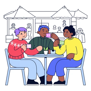 A group of three friends sitting at a small round table at an outdoor café. Each friend is wearing a different cozy sweater; one has a red sweater with a snowflake pattern, another is in a dark green cable-knit sweater, and the third is wearing a yellow crew neck sweater. They are each holding colorful mugs filled with hot drinks. The table is decorated with a small potted plant. In the background, there are other patrons and café umbrellas.