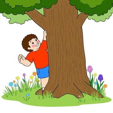 A young child with curly brown hair peeks from behind a large, sturdy tree trunk. The child is wearing a bright red t-shirt and blue shorts, with one hand resting on the tree for support. Their eyes are wide with excitement, and a playful smile is visible on their face. The surrounding area is filled with vibrant green grass and colorful wildflowers. In the background, soft sunlight filters through the leaves, casting playful shadows on the ground. The tree has rough, textured bark and a leafy canopy above.
