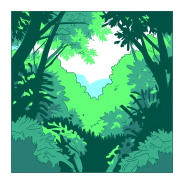A view looking up at a dense canopy of a rainforest filled with vibrant green leaves. Sunlight filters through the leaves, casting dappled patterns of light and shadow on the ground below. Various branches stretch out in different directions, creating a rich tapestry of foliage. The scene is vibrant, teeming with life, showcasing a deep interplay between light and nature's greenery.