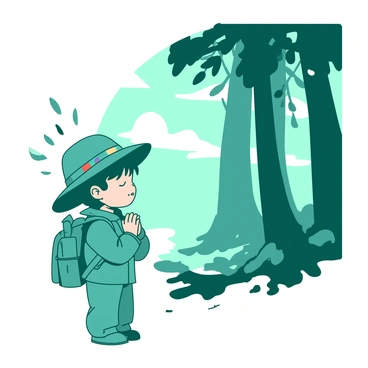 A young child dressed in a teal explorer outfit stands at the edge of a white mysterious forest. The child is wearing a small green backpack and a wide-brimmed hat adorned with colorful patches. With eyes closed and hands clasped together, the child is making a wish. The trees in the forest are tall and shadowy, casting intriguing shapes against the ground. A gentle breeze rustles the leaves, adding movement to the scene. The sunlight filters through the branches, creating a magical atmosphere around the child.