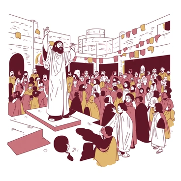 A duotone illustration depicts "Jonah" standing on a raised platform, addressing a diverse crowd of people in an ancient city. "Jonah" is dressed in traditional robes and raises his arms emphatically as he speaks. The crowd, consisting of men, women, and children of various ages, is gathered around, some with curious expressions while others appear to be in deep thought. The city is filled with stone buildings, market stalls, and vibrant textiles hanging from the structures. "Nineveh" is bustling with activity, as merchants display their goods and people interact in the background. The overall scene conveys a sense of urgency and engagement in the midst of the lively city life.