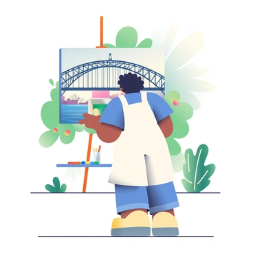 An artist with light brown skin and curly black hair is standing in front of a large canvas set on an easel. The artist is wearing a white apron over a blue shirt and is focused on painting. The canvas displays a vibrant depiction of the "Sydney Harbour Bridge", capturing its iconic arch and intricate design. In the background, the "Sydney Opera House" is partially visible, adding context to the scene. Surrounding the artist are green trees and colorful wildflowers, while soft sunlight filters through the leaves, creating playful shadows on the ground. A palette with various paint colors and brushes are placed on a small table nearby.