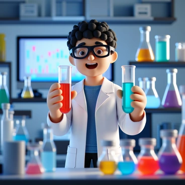 A scientist with short, curly hair and wearing a white lab coat stands in a laboratory. They are holding two test tubes, one filled with a bright red liquid and the other with a vibrant blue liquid. The scientist has safety goggles perched on their forehead and is smiling as they examine the test tubes. The lab is filled with various scientific equipment, including a microscope, beakers, and a shelf lined with glass containers holding different colored liquids. A glowing computer screen is visible in the background, displaying data and graphs.