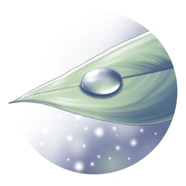 A close-up view of a single raindrop suspended at the tip of a green leaf. The leaf has a smooth texture with visible veins. Below the leaf, a blurred background shows a softly illuminated environment, indicating a light drizzle. The raindrop is perfectly formed, capturing the surrounding details within its curvature.
