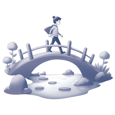 A character wearing a baluchon is crossing a whimsical bridge that arches gracefully over a gently flowing stream. The bridge features ornate railings and playful curves, embodying an imaginative design. The character is walking with a determined expression, the baluchon slung over one shoulder, suggesting a sense of adventure. Below the bridge, the stream reflects the shapes of nearby trees and rocks, creating a lively scene. The surroundings are filled with fantastical plants and flowers, enhancing the storybook atmosphere.