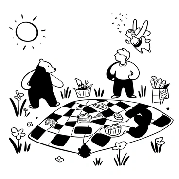 A picnic spread out on a checkered blanket in a lush meadow, with a variety of food items such as sandwiches, fruits, and pastries arranged neatly. Surrounding the picnic scene are several storybook characters, each depicted in a whimsical manner. A large, friendly bear wearing a vest reaches for a plate, while a playful rabbit in a waistcoat hops nearby, carrying a basket filled with carrots. A graceful fairy with delicate wings floats above, sprinkling shimmering dust over the feast. The sun shines brightly, casting soft shadows on the grass, and wildflowers bloom around the picnic area, adding to the enchanting atmosphere.