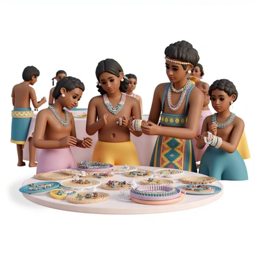 A group of tribe members is engaged in trading handmade jewelry in a vibrant marketplace. One man, wearing a colorful woven tunic with intricate beadwork, holds a necklace made of colorful stones, showcasing it to a woman. The woman is dressed in a traditional skirt adorned with patterns and has intricate earrings, examining a bracelet in her hands. Surrounding them are tables with various handmade jewelry pieces, including necklaces, bracelets, and rings, all displayed on woven mats. The atmosphere is lively, with other tribe members in the background, dressed in traditional attire, participating in the vibrant exchange.