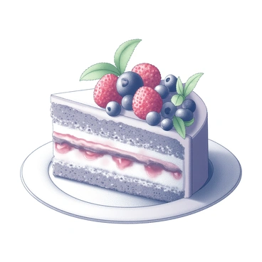 A slice of vegan gateau presented on a white plate. The cake has a textured surface, showcasing layers that are moist and rich. It is generously topped with a variety of fresh berries, including strawberries, blueberries, and raspberries, arranged artistically. Delicate green mint leaves are placed on top, adding a fresh contrast to the berries. The background is simple, allowing the gateau to be the focal point of the image.