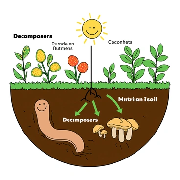 An educational illustration depicting the nutrient cycle in a vibrant landscape. The scene features a variety of decomposers, including a friendly cartoon earthworm and a group of lively fungi, actively breaking down organic matter. The earthworm is shown with a wide smile as it burrows through dark, rich soil filled with small plant roots. Above ground, colorful leaves are scattered, with arrows indicating their decay and transformation into nutrients. Bright green plants are growing, showcasing the direct benefits of the enriched soil. A sun with a cheerful expression beams down, highlighting the interconnectedness of the cycle. Each element is clearly labeled, emphasizing the roles of decomposers in enriching the soil.