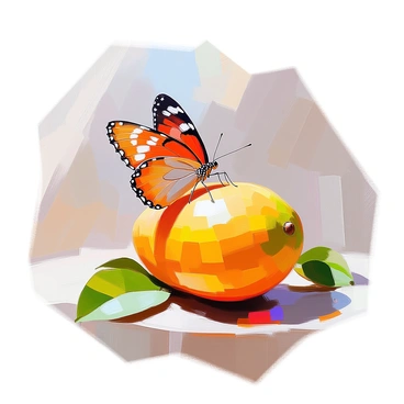 A regal "monarch butterfly" with vibrant orange and black wings is perched delicately on a "ripe mango." The mango has a smooth, glossy surface and a rich yellow-orange hue, showing signs of perfect ripeness. The butterfly's wings are fully spread, showcasing their intricate patterns. The mango is placed on a natural wooden surface, adding warmth to the scene. A few green leaves are scattered around, enhancing the tropical feel of the composition. Sunlight casts soft shadows, emphasizing the butterfly's detailed markings and the mango's texture.