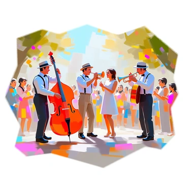 A group of vintage musicians is performing in a lively outdoor setting. One musician plays a bright red double bass, while another strums a classic acoustic guitar. A third musician blows into a shiny trumpet, creating a vibrant atmosphere. They are all dressed in retro clothing, with suspenders, fedoras, and colorful dresses. Surrounding them, a cheerful audience is enjoying the performance, with people dancing and clapping along to the music. Green trees and colorful flowers frame the background, enhancing the joyful scene.