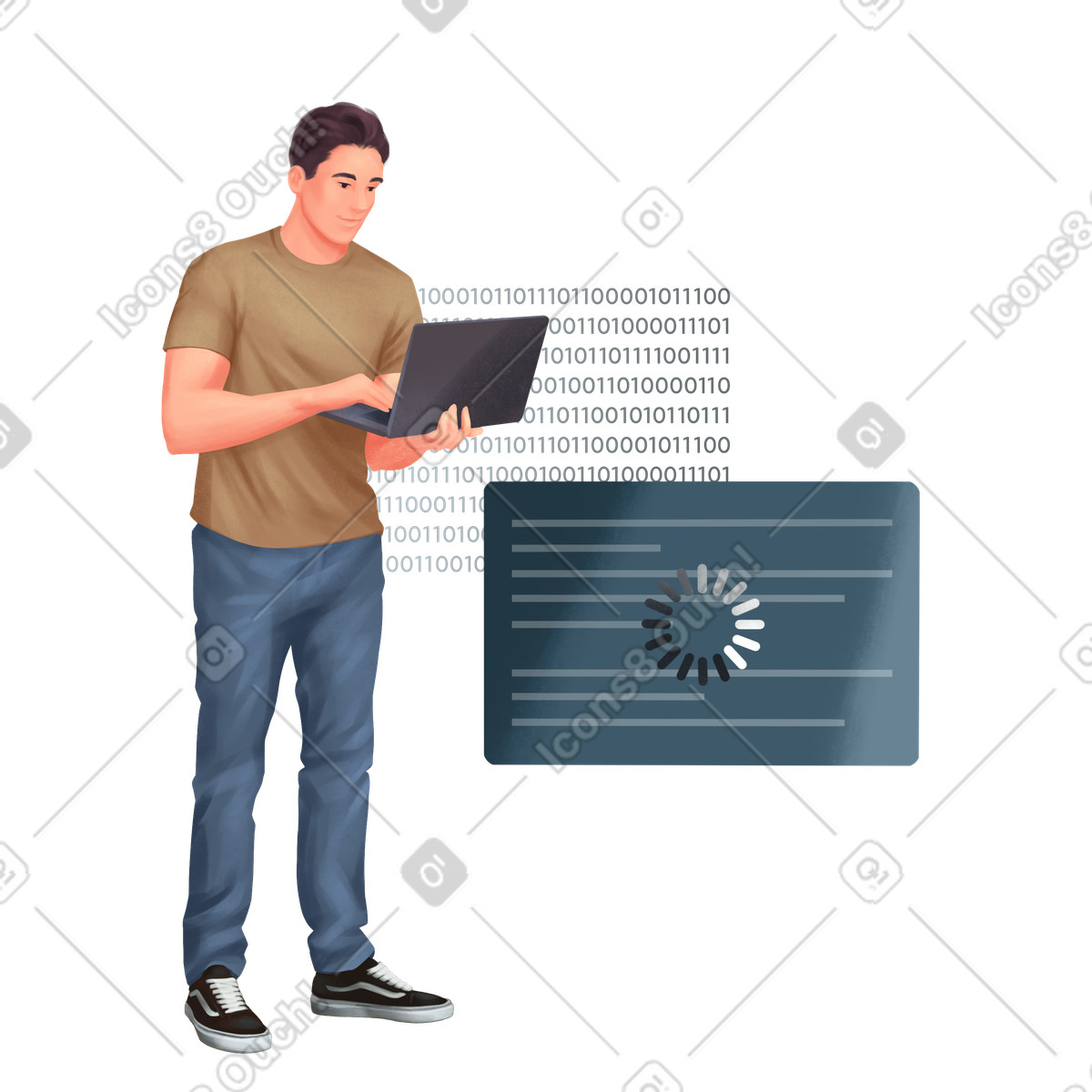 Illustration Jeune spécialiste informatique tenant un ordinateur portable dans le style Demure à télécharger aux formats PNG, SVG