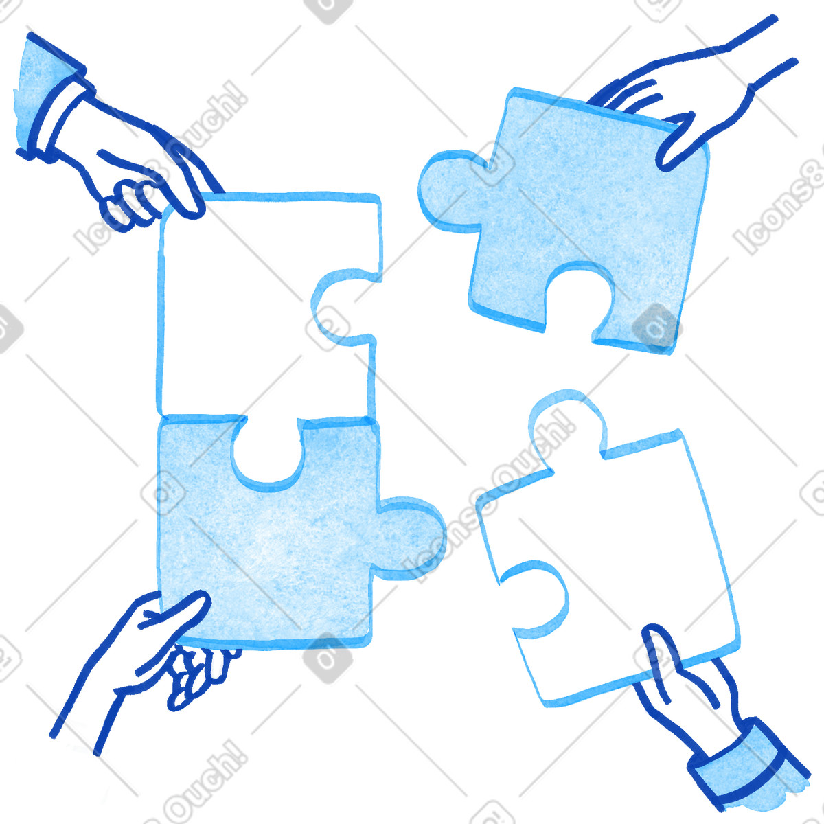 Teamwork hands connecting jigsaw pieces building unified project solution together illustrazione in stile Tint scarica in PNG, SVG