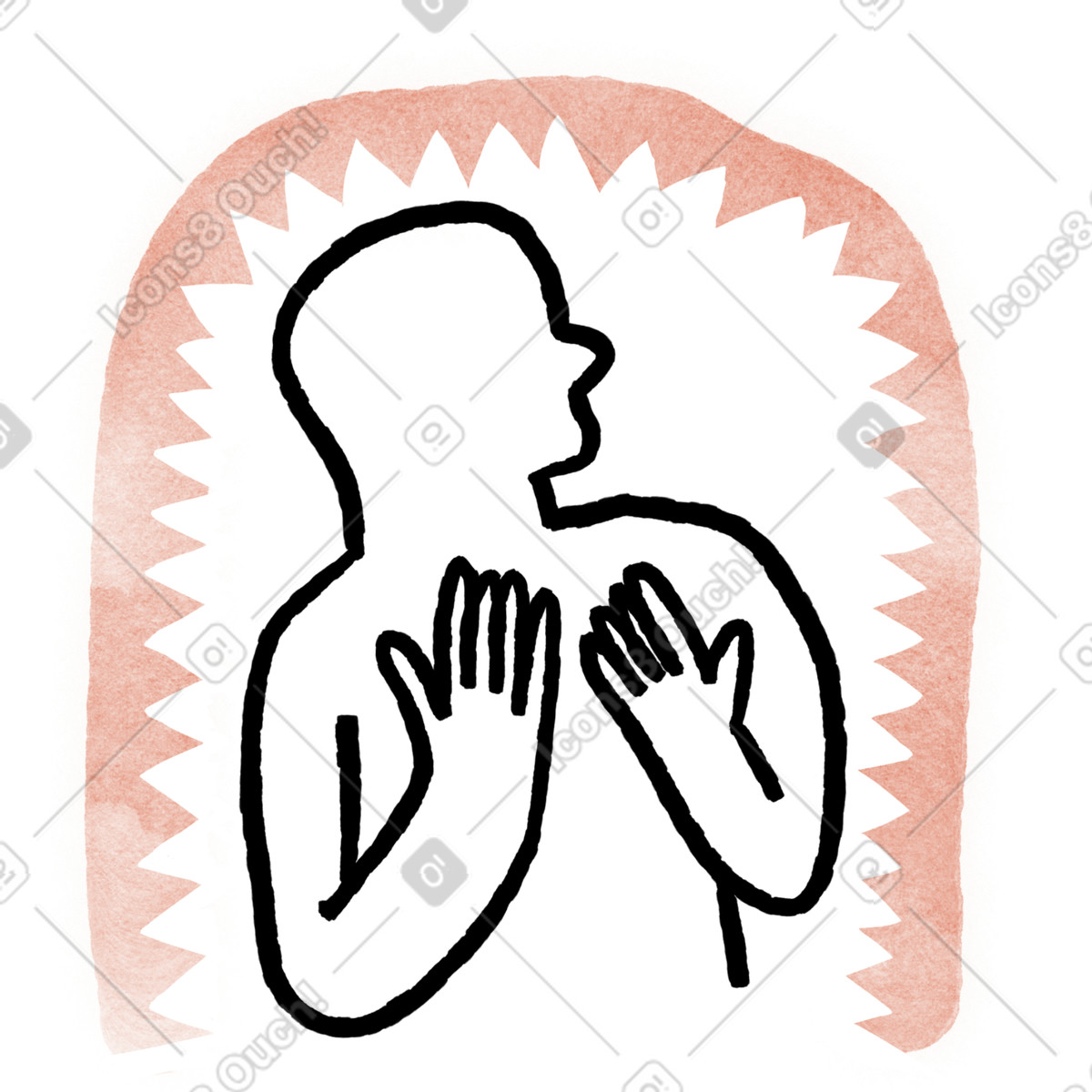 Fear silhouette with raised hands surrounded by spiky aura shape illustrazione in stile Anthropic Claude Hand Drawn scarica in PNG, SVG