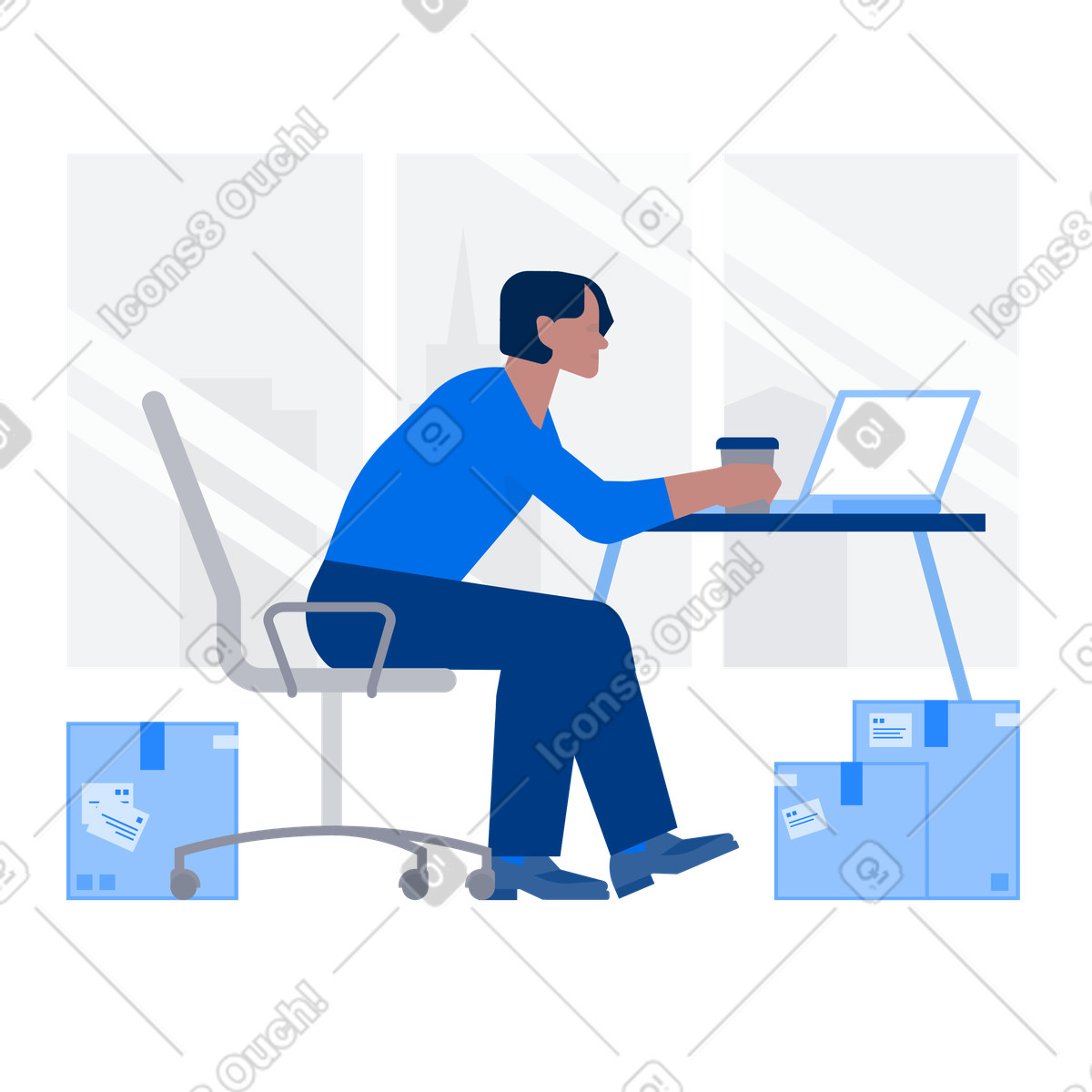 Urban スタイルの Man with coffee sits in office chair and works on laptop several parcels around him のイラストをPNG、SVG形式でダウンロード