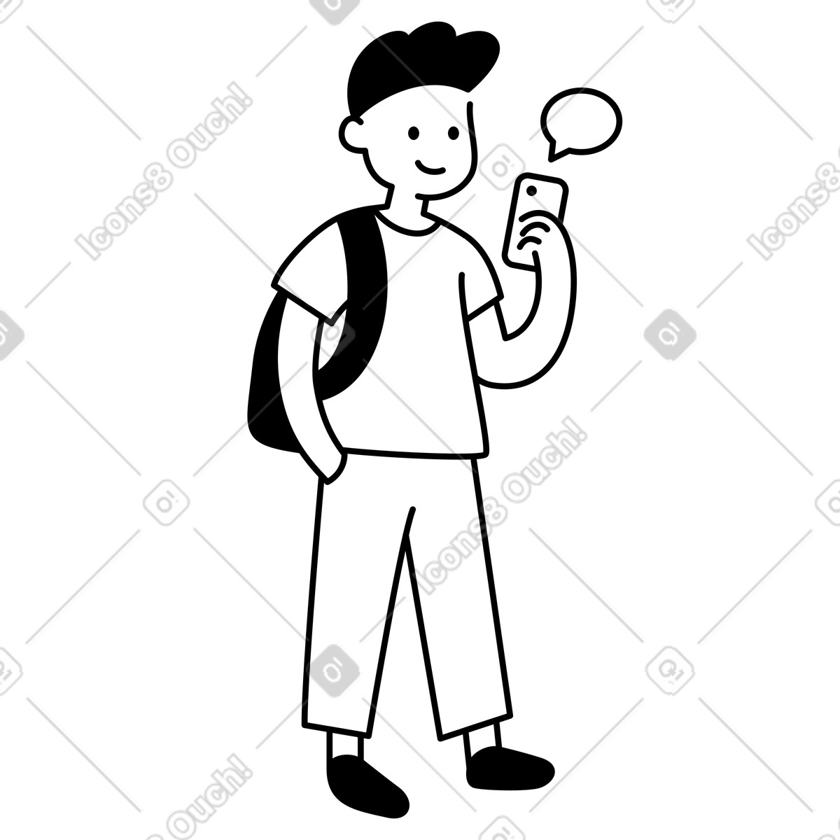 Illustration Messaging teenager checking smartphone while carrying backpack to school dans le style Notion Line Art à télécharger aux formats PNG, SVG