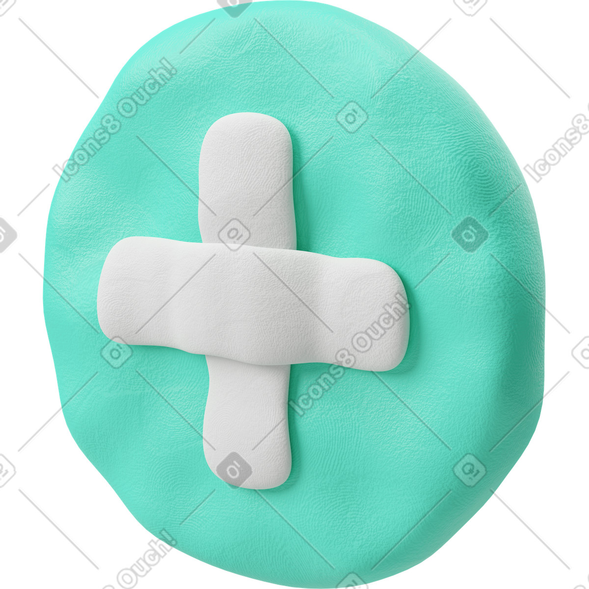 Dreiviertelansicht eines runden grün-blauen plus-buttons-Illustration im 3D Plastilina-Stil als Download in PNG, SVG