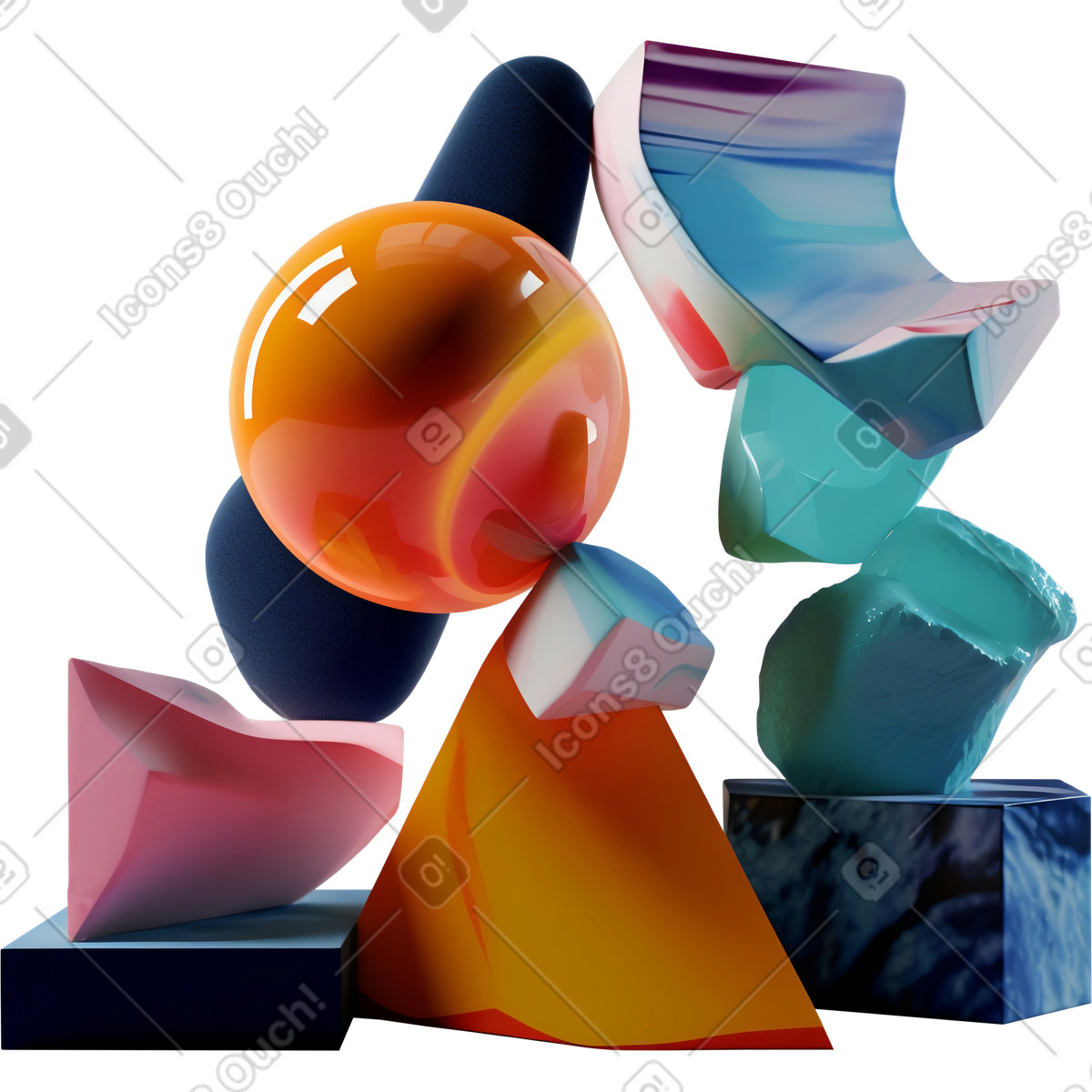 Farbenfrohe abstrakte skulptur mit schwebenden formen-Illustration im 3D Construction-Stil als Download in PNG, SVG