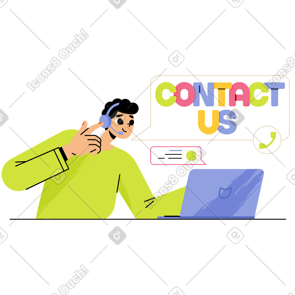 Juicy 스타일의 Contact us lettering above call center worker, Online support and customer help 일러스트레이션 PNG, SVG 다운로드
