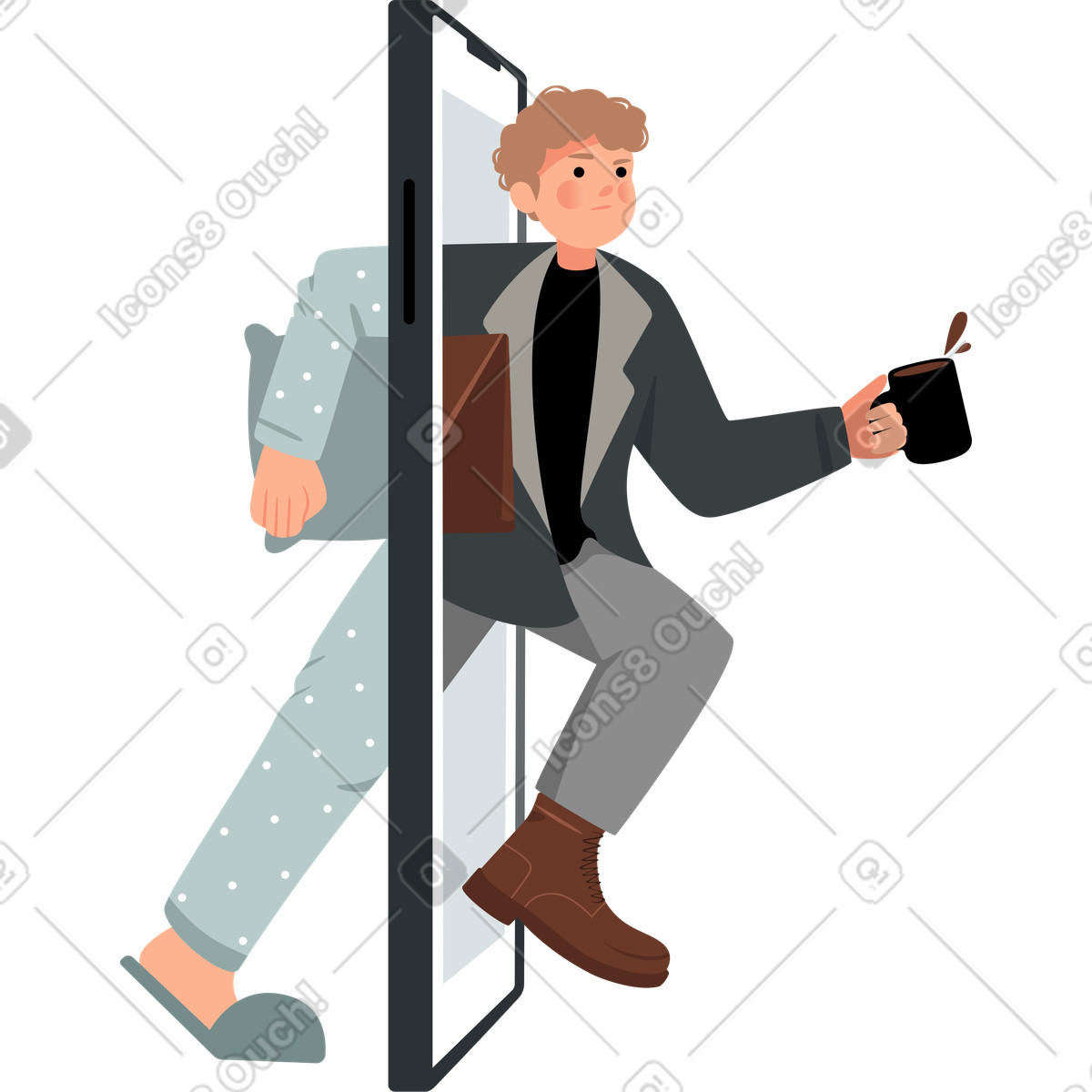 Lagom 스타일의 Man stepping into the phone in pajamas and a suit 일러스트레이션 PNG, SVG 다운로드