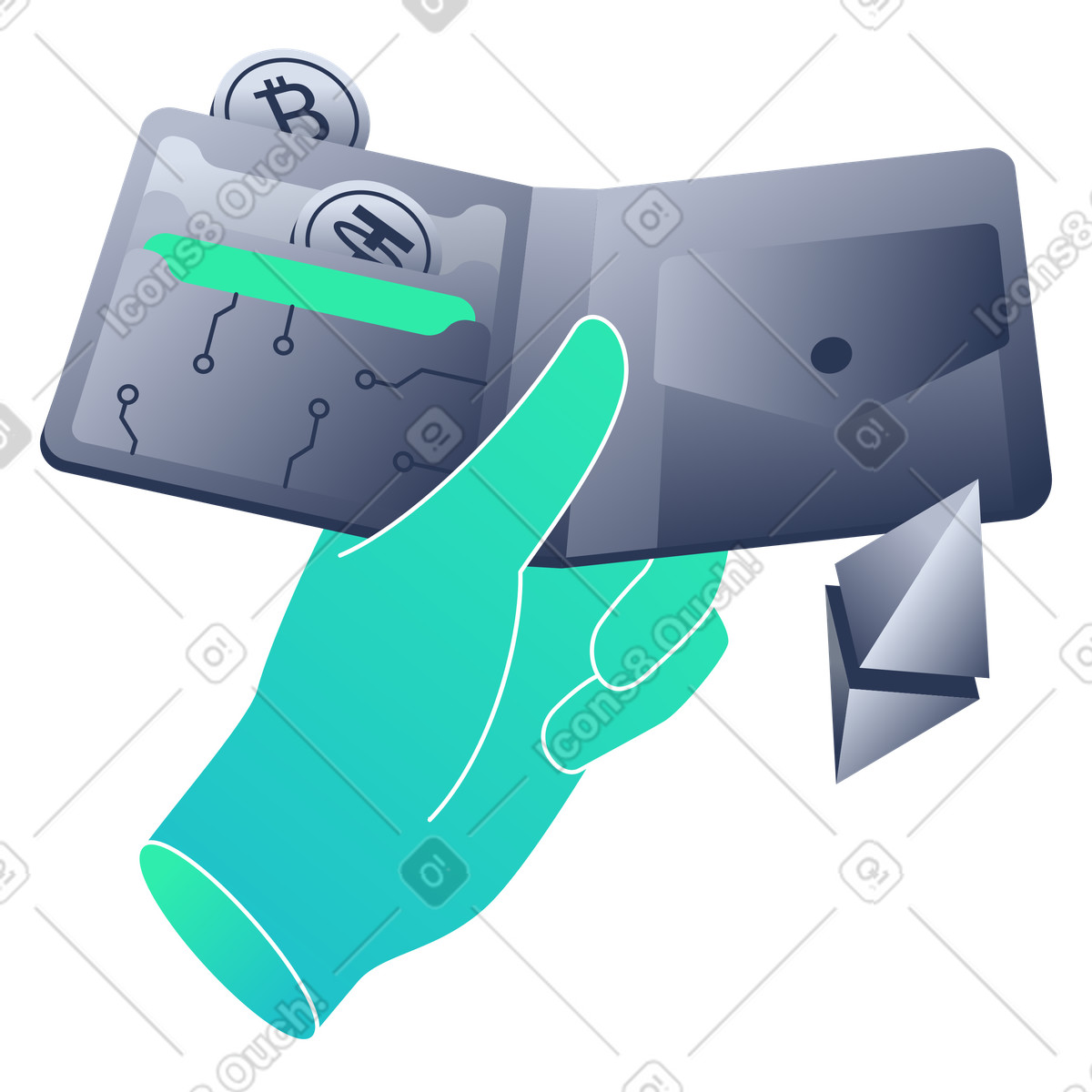 Hand holding crypto wallet with coins illustration in PNG, SVG